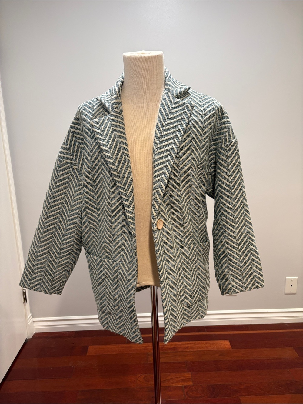Liz Alig Fair Trade Portuguese Wool Cotton Pieper Coat Vintage Cream Teal Medium